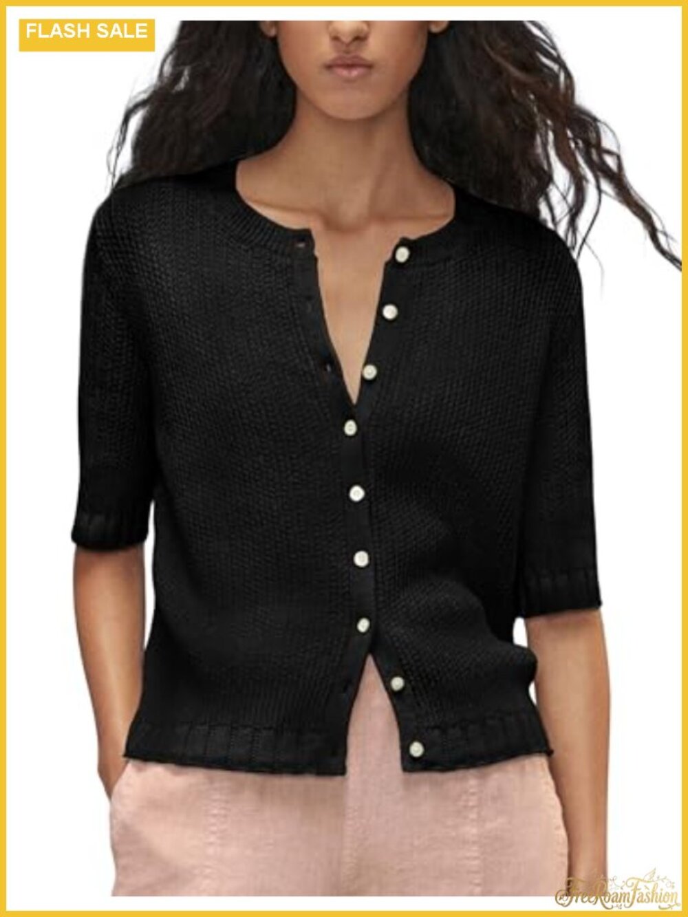 Women's Knit Cardigan Half Sleeve Cotton Ribbed Open Front Button Down Casual